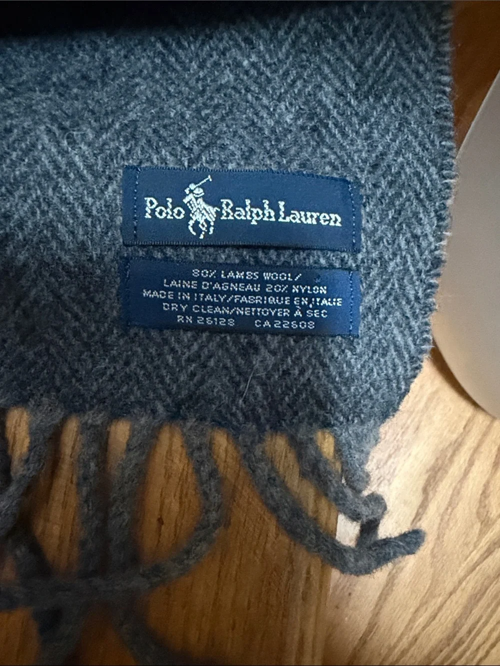 Polo Ralph Lauren Plaid Fringe Scarf 100% Wool Grey Brown Italy EUC
